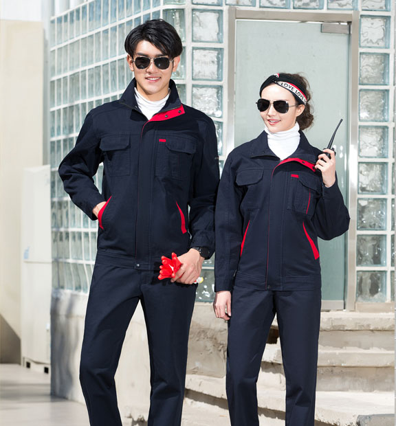 春秋季節(jié)藏藍色男女同款翻領長袖全棉工作服套裝-SYC339#