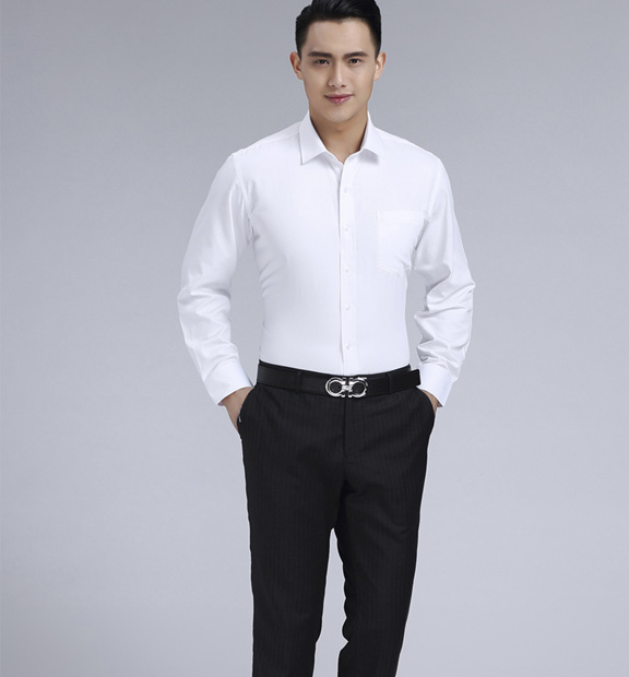 白色男款滌棉翻領(lǐng)長袖修身襯衫-0501#