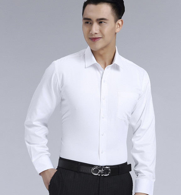 白色男款滌棉翻領(lǐng)長袖修身襯衫-0501#