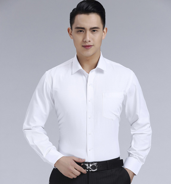 白色男款滌棉翻領(lǐng)長袖修身襯衫-0501#