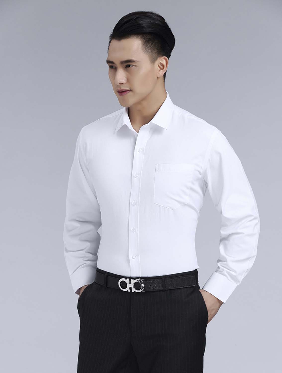 白色男款滌棉翻領(lǐng)長袖修身襯衫-0501#