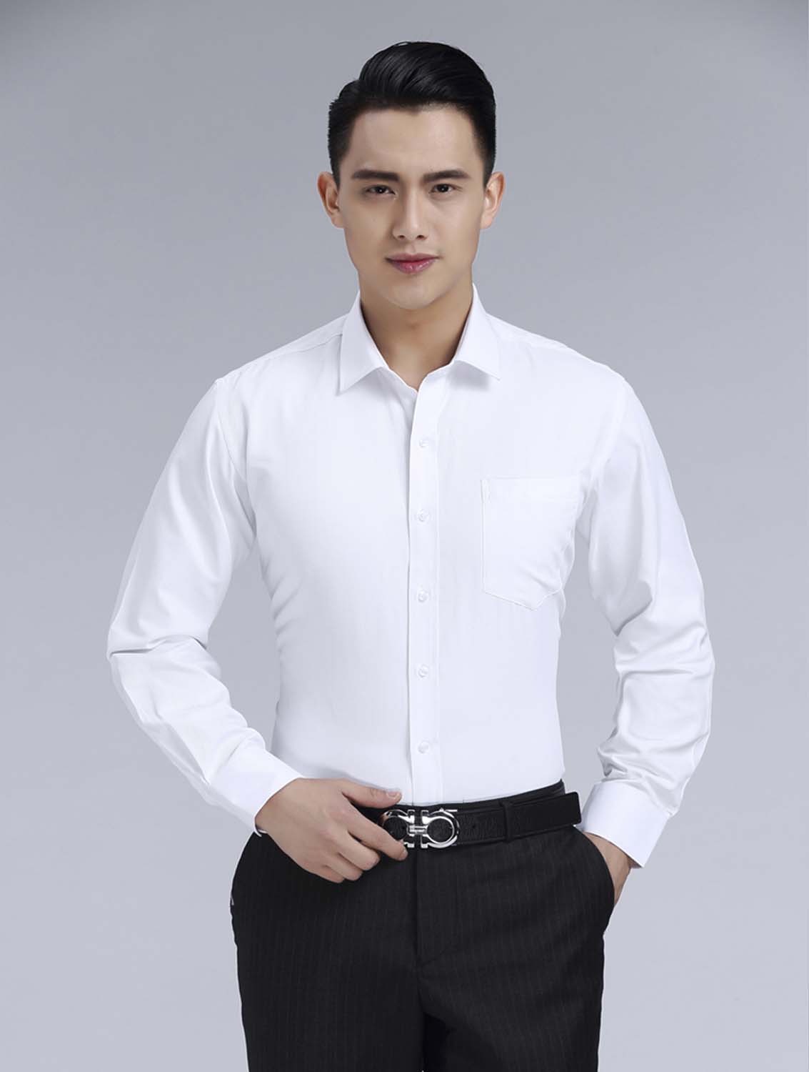 白色男款滌棉翻領(lǐng)長袖修身襯衫-0501#