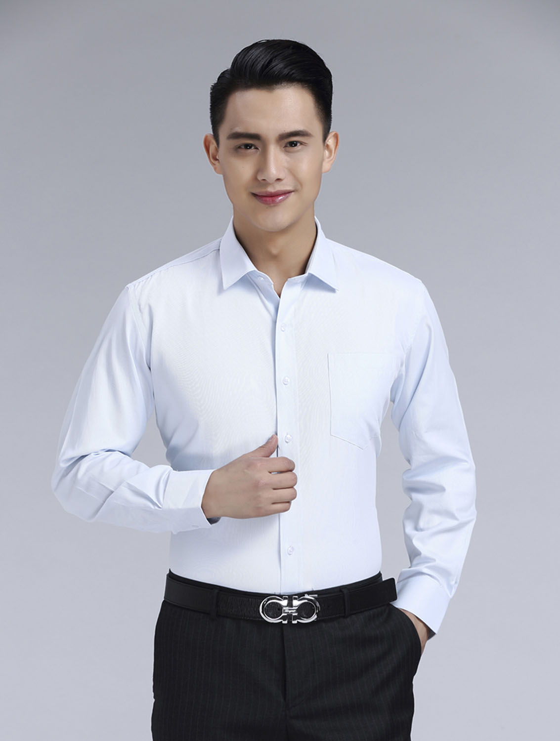 白豎紋男款滌棉翻領(lǐng)長(zhǎng)袖韓版襯衫-1493#