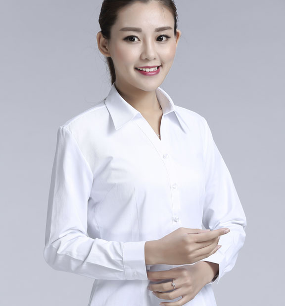 白色斜紋女款滌棉翻領(lǐng)長袖修身襯衫-1381#