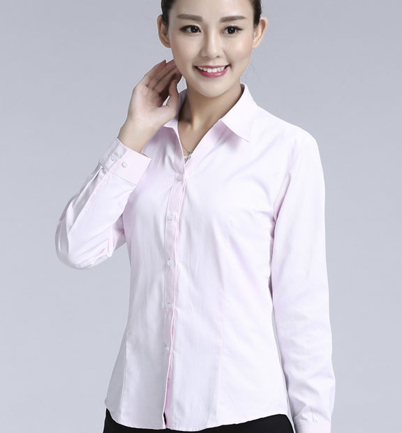 粉色斜紋女款滌棉翻領(lǐng)長袖修身襯衫-1382#