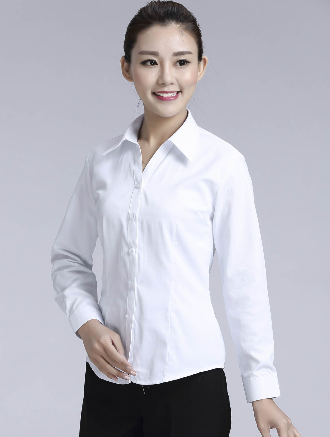 白色斜紋女款滌棉翻領(lǐng)長袖修身襯衫-1381#