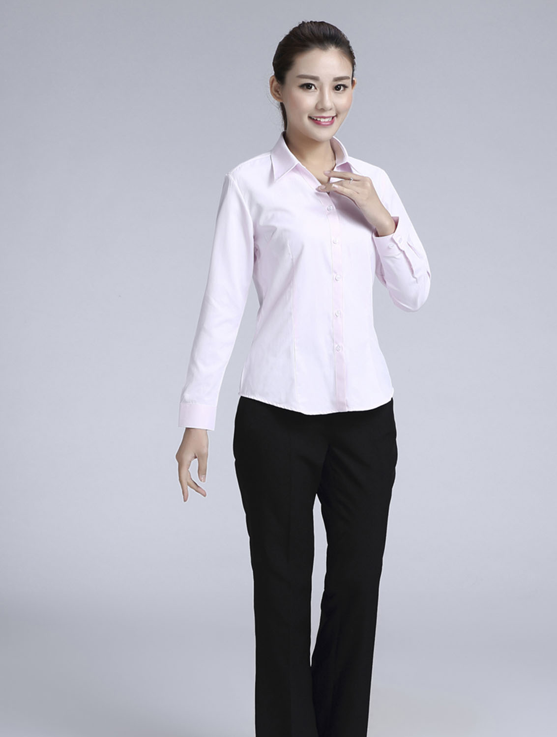 粉色斜紋女款滌棉翻領(lǐng)長袖修身襯衫-1382#