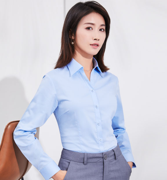 藍色女款竹纖維抗皺翻領(lǐng)長袖修身襯衫-611#