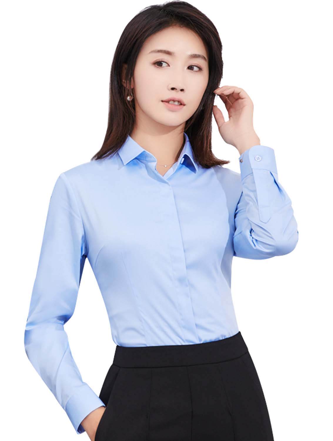 藍色女款竹纖維抗皺翻領(lǐng)長袖修身襯衫-611#