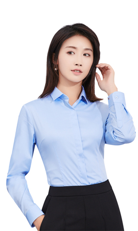 藍(lán)色女款竹纖維抗皺翻領(lǐng)長袖修身襯衫-611#