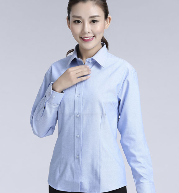 藍(lán)色女款牛津紡?fù)笟夥I(lǐng)長(zhǎng)袖修身襯衫-615#