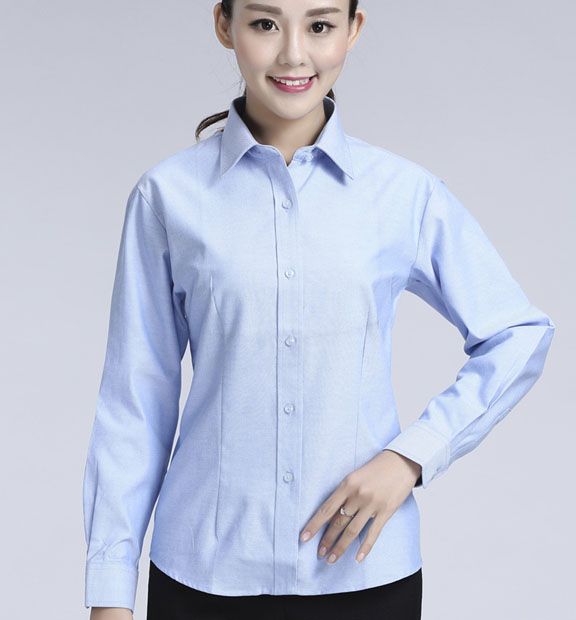 藍(lán)色女款牛津紡?fù)笟夥I(lǐng)長(zhǎng)袖修身襯衫-615#
