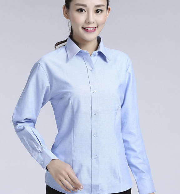 藍(lán)色女款牛津紡?fù)笟夥I(lǐng)長(zhǎng)袖修身襯衫-615#