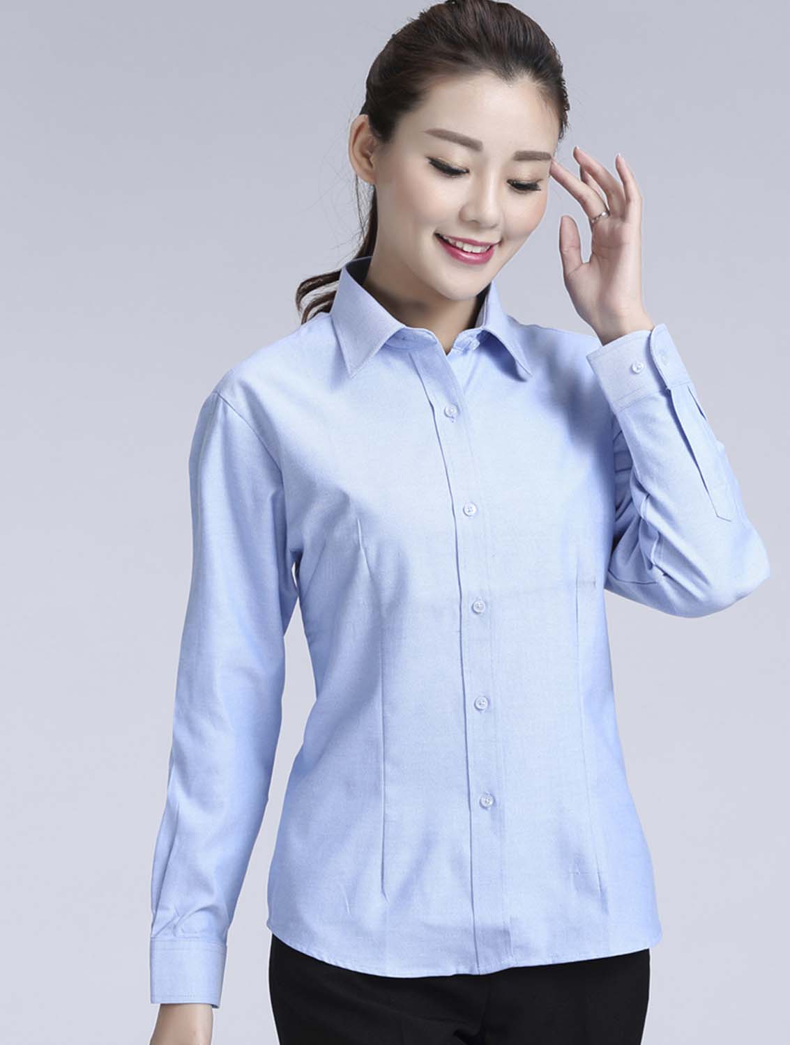 藍(lán)色女款牛津紡?fù)笟夥I(lǐng)長(zhǎng)袖修身襯衫-615#