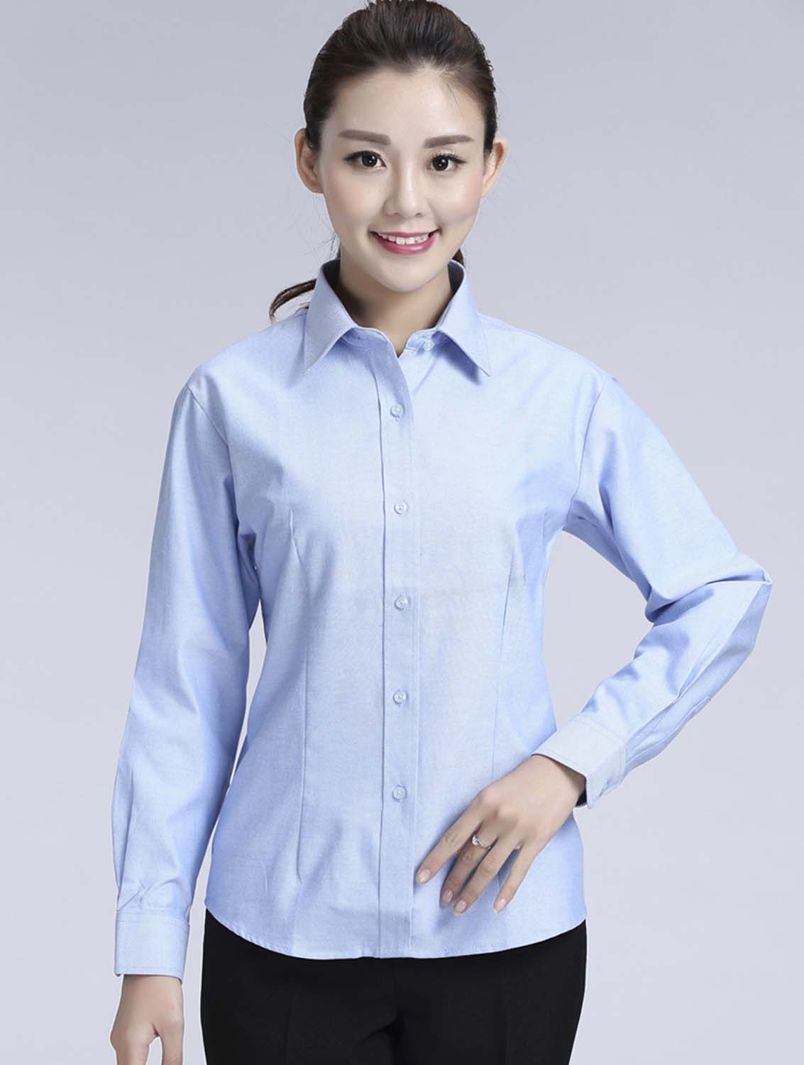 藍(lán)色女款牛津紡?fù)笟夥I(lǐng)長(zhǎng)袖修身襯衫-615#