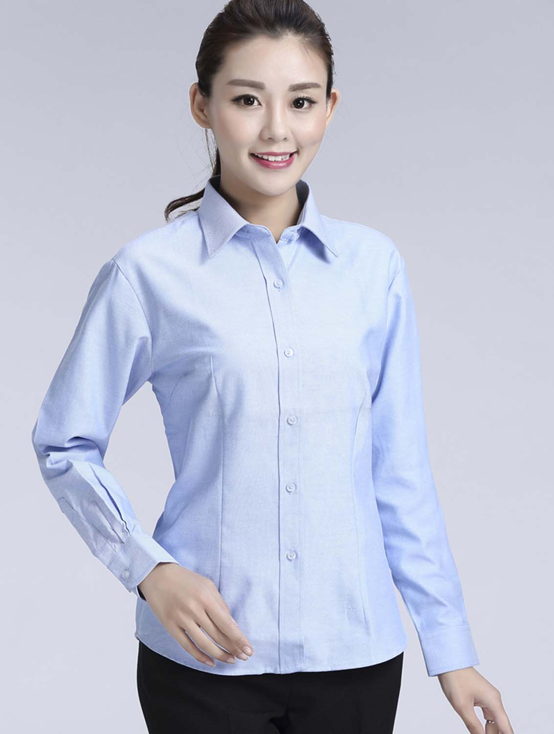 藍(lán)色女款牛津紡?fù)笟夥I(lǐng)長(zhǎng)袖修身襯衫-615#